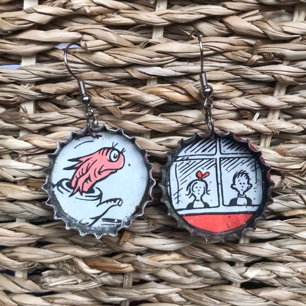 A fan of Dr. Seuss? Eco friendly Handmade bottle cap earrings